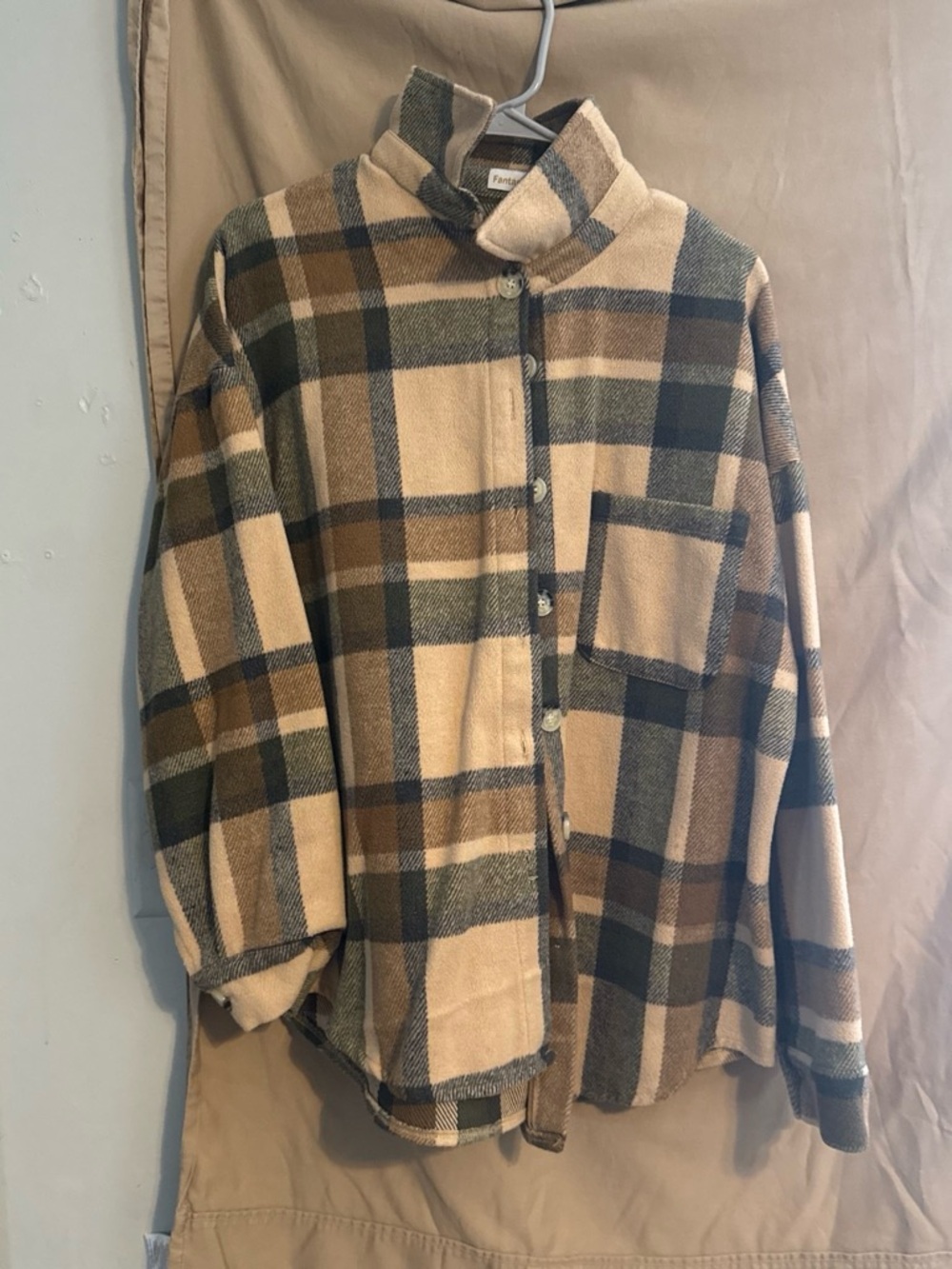 Plaid Button-Up Shacket in Beige and Brown